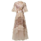 QMQA Fashion Women's Elegant Dress Embroidery Sequin Flare Sleeve Ruffle Puff Cake Dresses 2027 Summer New Female Clothing QM648