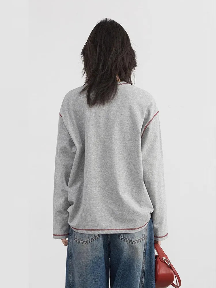 CHIC VEN Women T-Shirts Loose Casual Long Sleeve Animal Dog Printed Female Tees Contrasting Stitching Top Spring Summer 2025