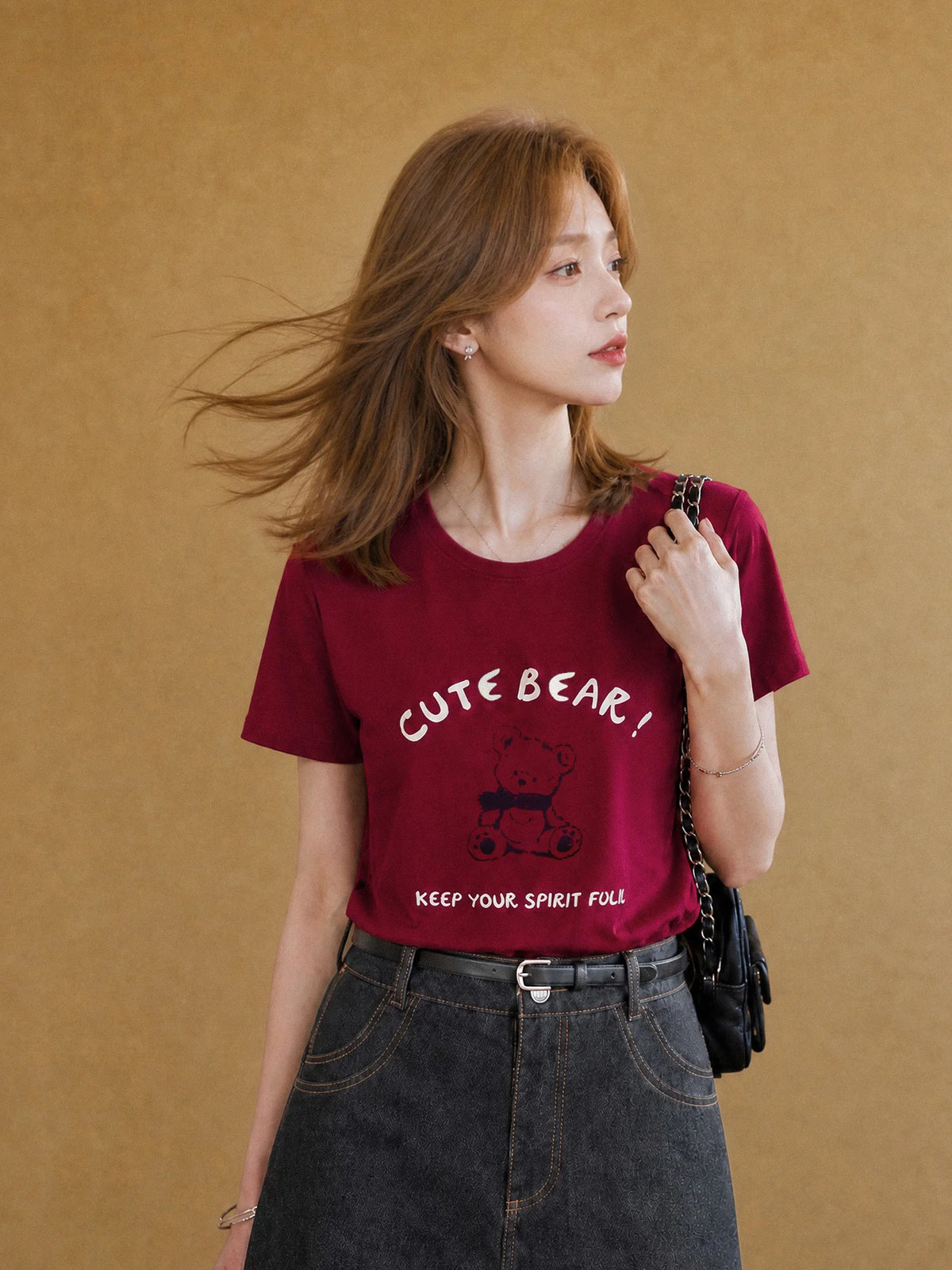 XIAOGULI Cute Bear Funny Cotton T-shirt Women Top Red Short Sleeve Summer Casual Versatile Basic Tee Ladies Daily Wear Tops