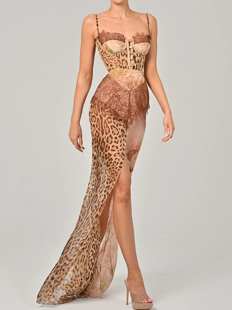 JULISSA MO Chiffon Print Leopard High Slit Baroque Women Dress Spaghetti Strap Maxi Dress Summer Skinny Elegant Party Clubwear