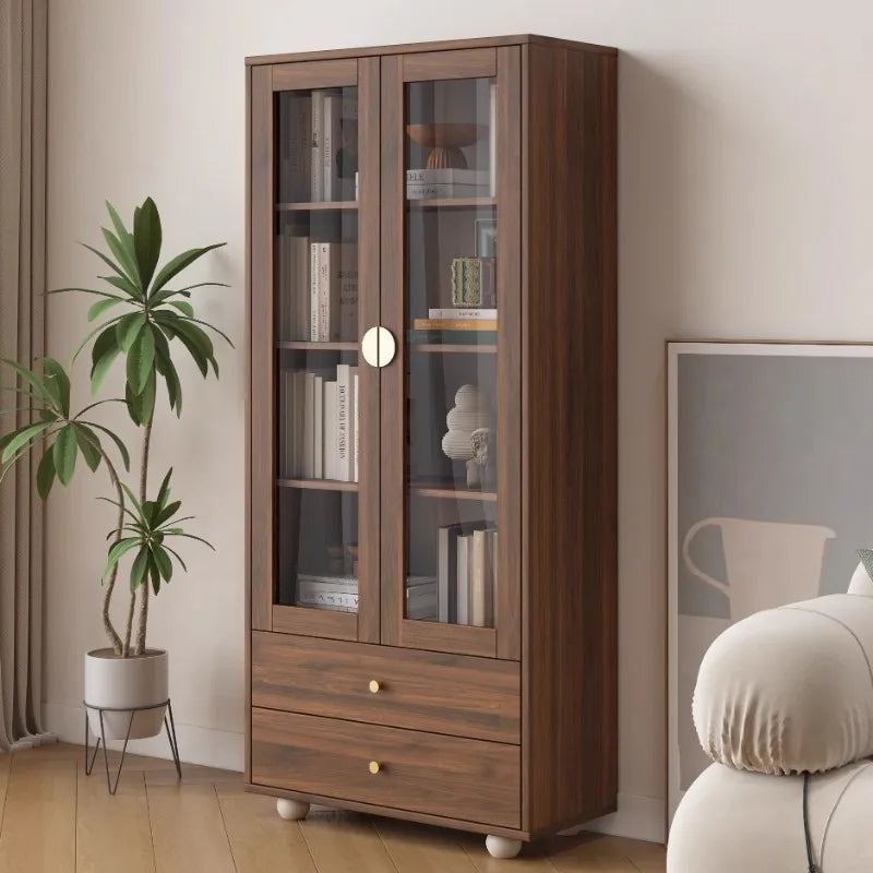 Nordic Solid Wood Bookshelf Modern Minimalist with Glass Doors Multi-layer Display Cabinet Storage Floor-standing Furniture FYBK