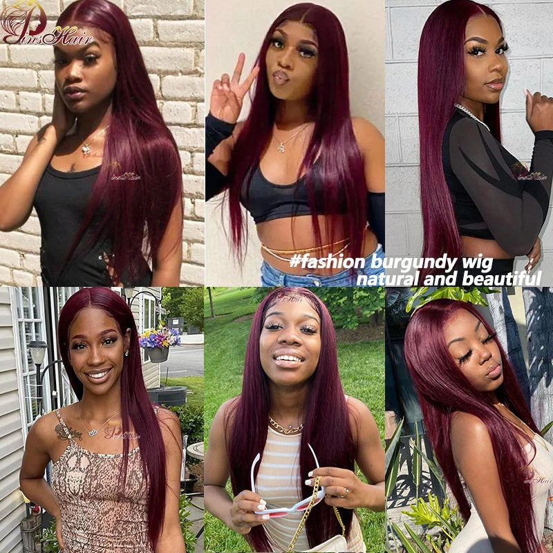 Burgundy Straight 13x6 HD Lace Frontal Wig Pre Plucked Remy Hair 99J Red Transparent Lace Front Human Hair Wigs With Baby Hair