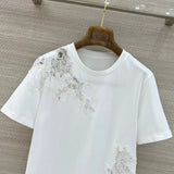 2026 autumn Slim 100% cotton embroidery‌ floral tee t shirts casual brand short sleeve designer top women print female clothes