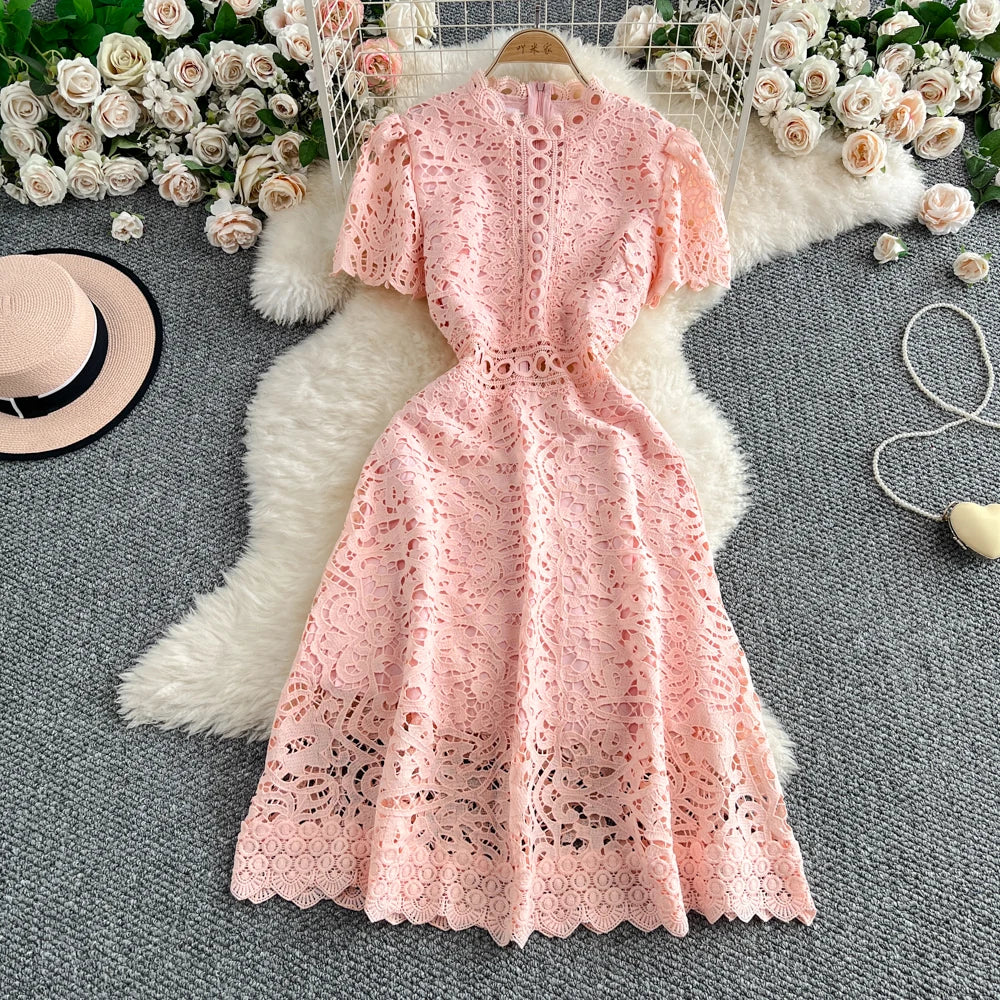 Slimming ort Sve Hollow out Waist-Cinched Hook-Design Dres Women's Faionable New Arrival Spring Summer Korean Sle