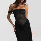 Women's Brown Sheer Lace Bodice Draped Long Dress Sexy Spaghetti Strap Party Evening Long Dresses Black Burgundy Wedding Guest