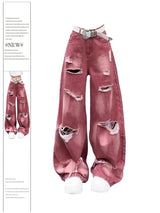 Women's Pink Y2k Ripped Cargo Jeans Harajuku Denim Trousers Aesthetic Y2k Jean Pants Vintage Japanese 2000s Style Trashy Clothes