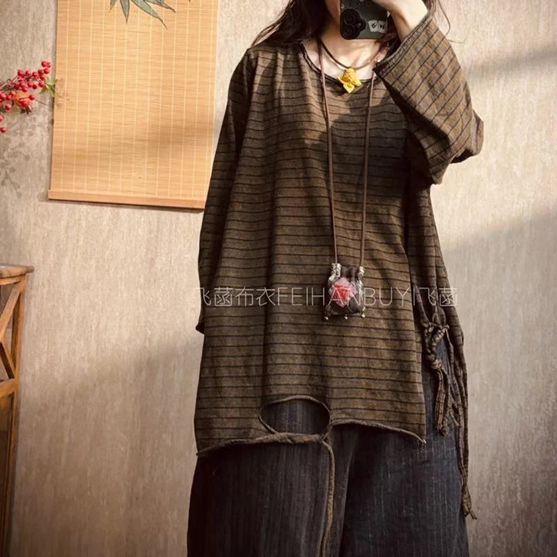 2025 New Arrival Autumn All-matched Good Quality Tops Tees Women Casual Cotton Tassel Design O-neck Long Sleeve T-shirt F64