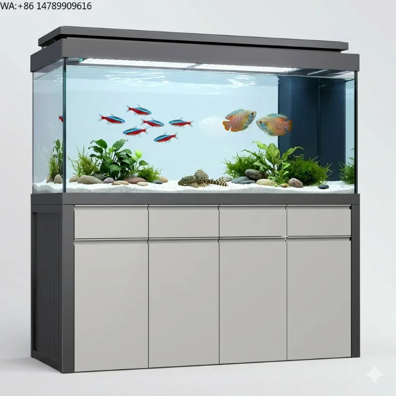 All-in-One AquariumLuxurious Rectangular Saltwater Fish Tank Aquarium With Aluminum Frame And Cabinet. Environmentally Friendly.