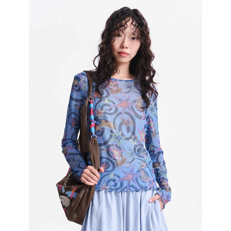 MOVEUP Long-Sleeved Crew Neck Top, Spring 2026 New Geometric Print Mesh Ruffled Hem Personalized Casual Top For Women 3ELC10535