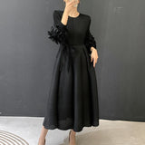 LANMREM Tie Flower Lantern Sleeve Pleated Women's Dress 2026 Spring New Lace Up Waist Design Round Collar Elastic Cloth 2DB6619