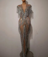 Women Sexy Mesh Sparkly Rhinestone Tassels Stretch Long Dress Evening Nightclub Singer Dance Stage Costume Luxury Birthday Gowns