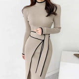 YuooMuoo Elegant Lace Up Turtleneck Knitted Long Dress Korean Fashion Khaki Black Rib Bandage Bodycon Sweater Dress Robe Femme