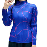 Miyake Pleated Classic High Quality Top Line Print Designer Half Turtle Neck Long Sleeve Pleated T-Shirt