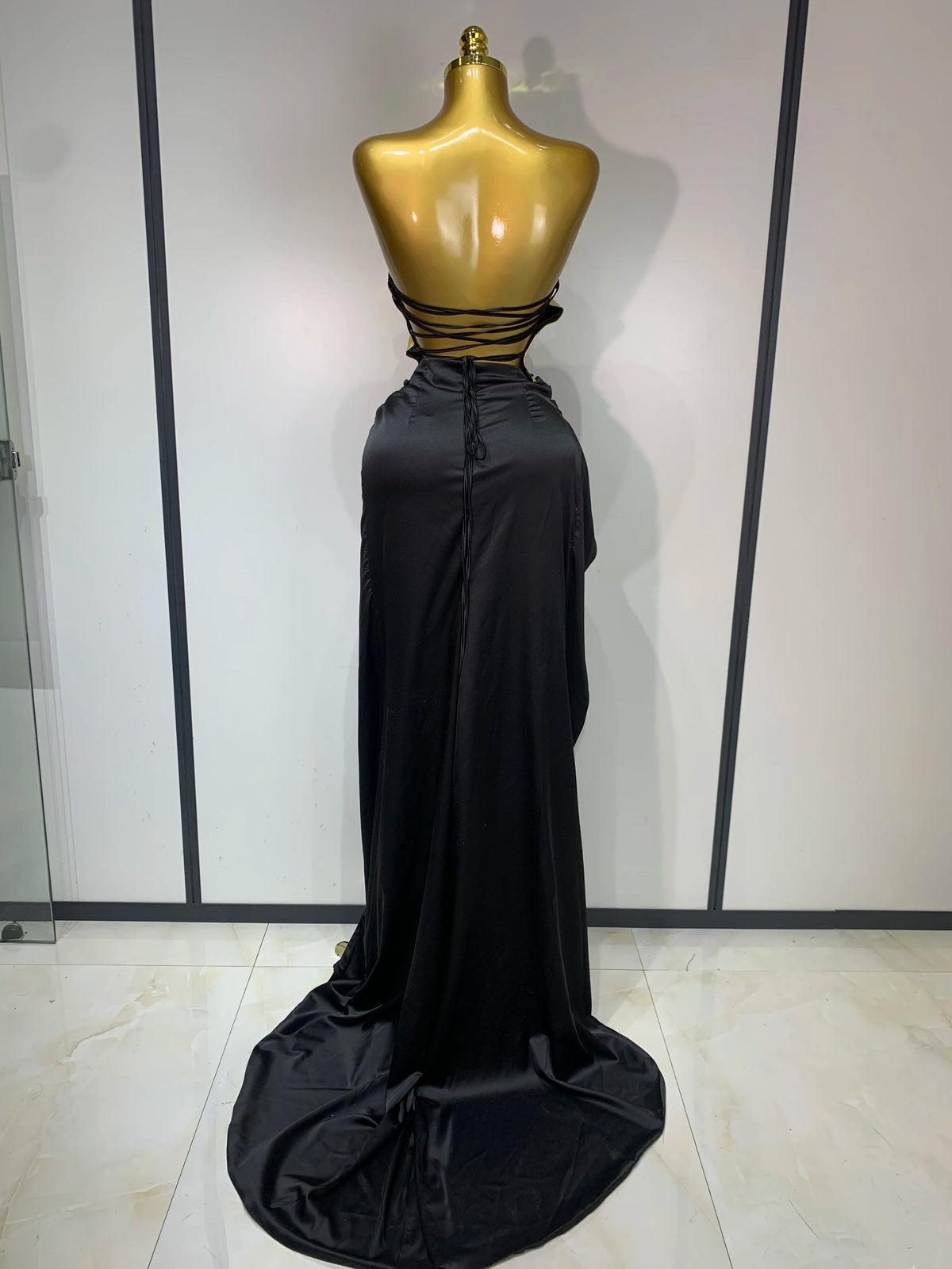 2025 New Arrival Women Gold Color Sexy Laced-up Tops 2 Pieces Set Long Dress Celebrate Evening Party Celebrity Elegant Dress
