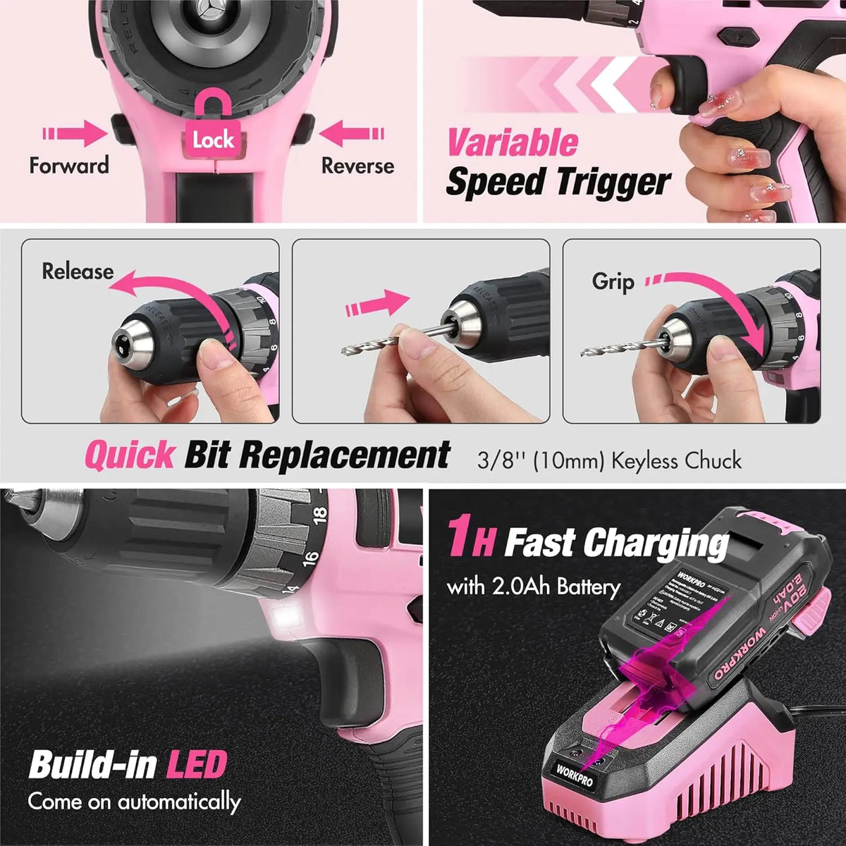 Pink Tool Kit with Cordless Drill, 157-Piece Home Repair Set for Women, Includes Storage Bag