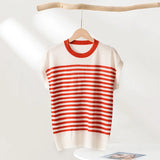 WinvyNee Summer Women's Clothing Wool Sleeveless Tops O Neck Half Sleeve T-Shirts Striped Casual Knitted Pullovers ZA1102002