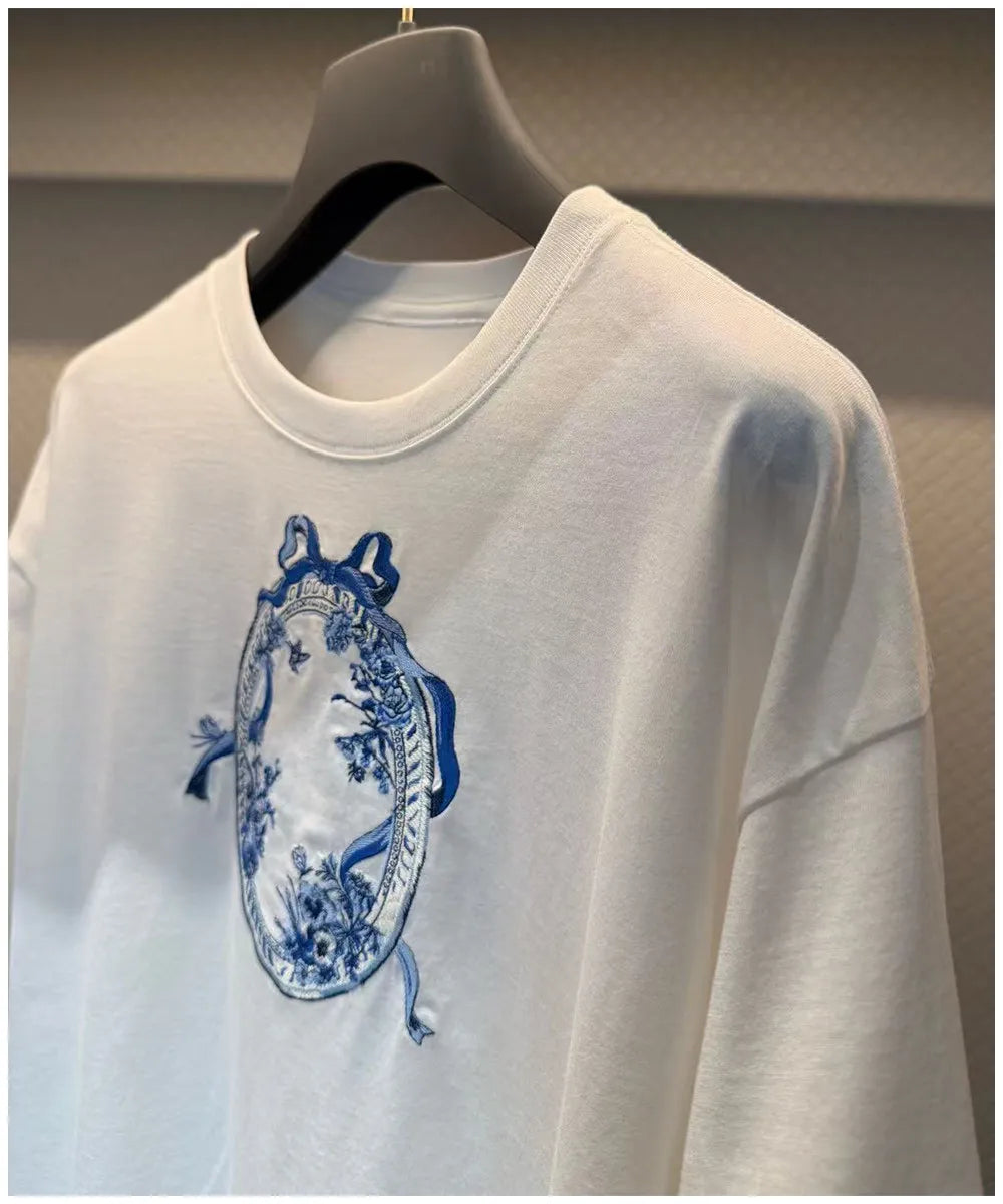 Women's Summer Round Neck White Bow Embroidered Loose T-shirt