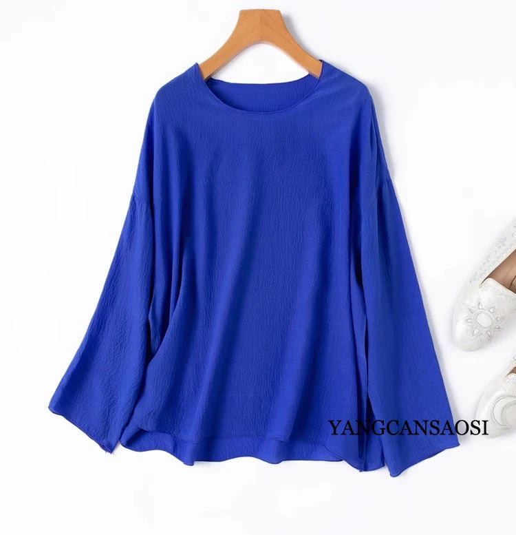 2025 Women's Leisure Summer New 100% Natural Mulberry Silk Bubble Crepe Long Sleeve Air Feel Loose Round Neck Solid T-shirt