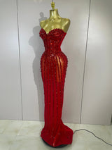 Sexy Red Strapless Mesh See Through Long Dress Evening Party Luxury Sparkly Diamond Birthday Nightclub PhotoShoot Stage Costumes