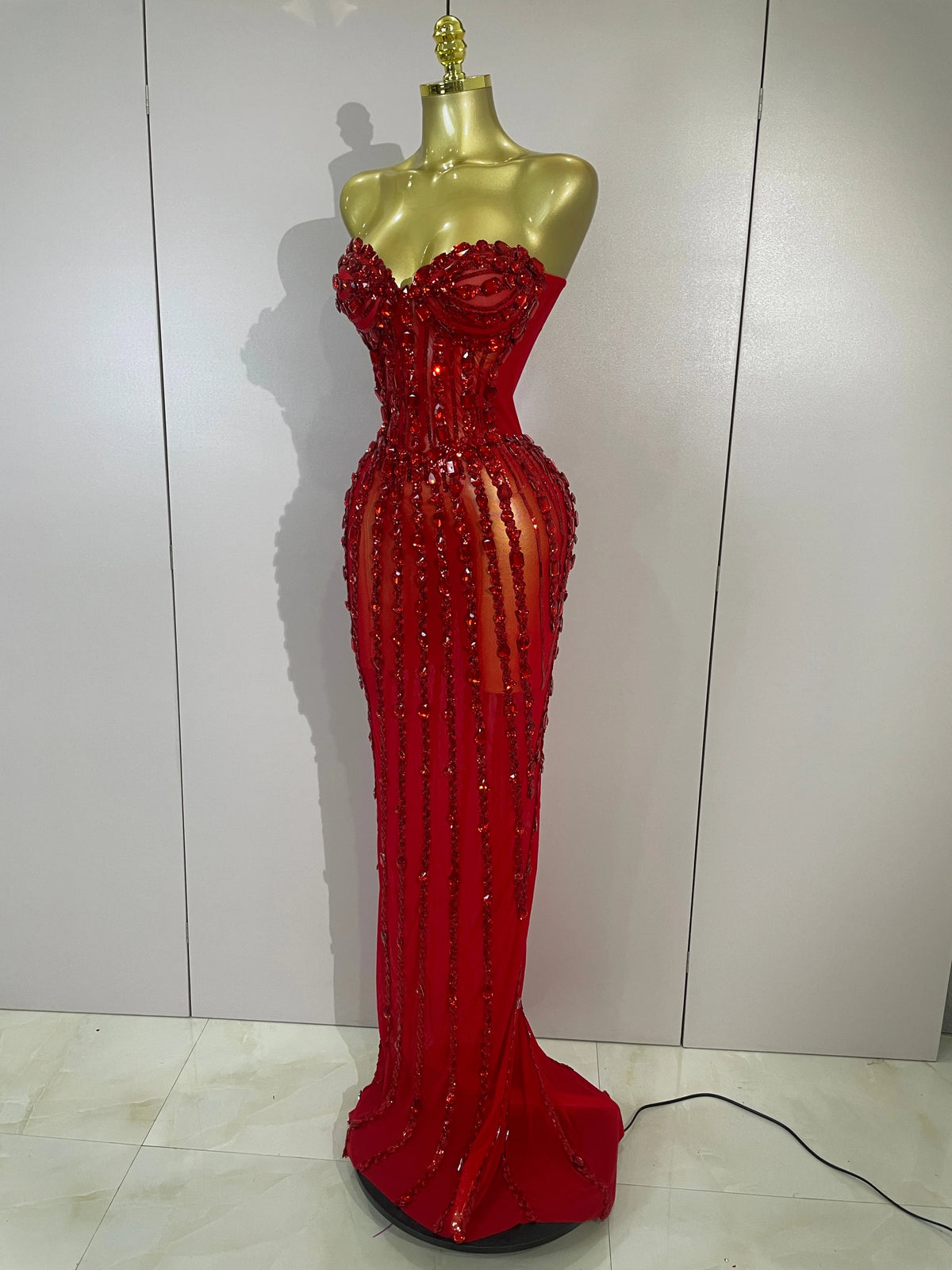 Sexy Red Strapless Mesh See Through Long Dress Evening Party Luxury Sparkly Diamond Birthday Nightclub PhotoShoot Stage Costumes