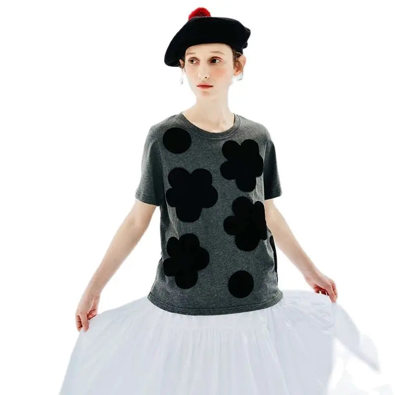 IMAKOKONI original design black flower polka dot printed T-shirt grey round neck puller short sleeve summer top