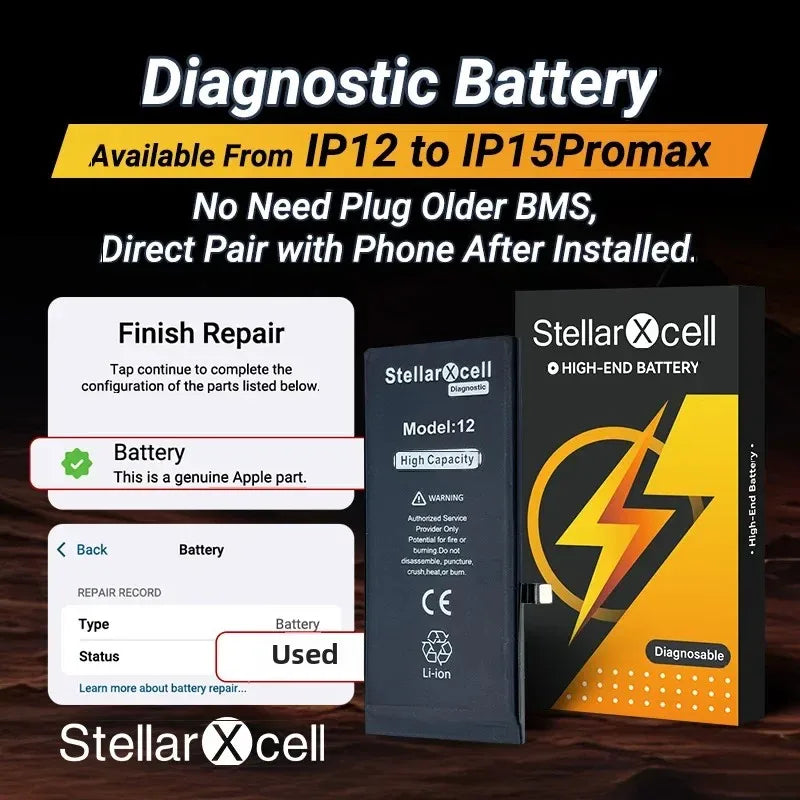 StellarXcell Diagnostic Battery No Pop Up Message Run Diagnose for iPhone 14 Plus 15 Pro 12 Pro Max 13 Mini Battery Replacement
