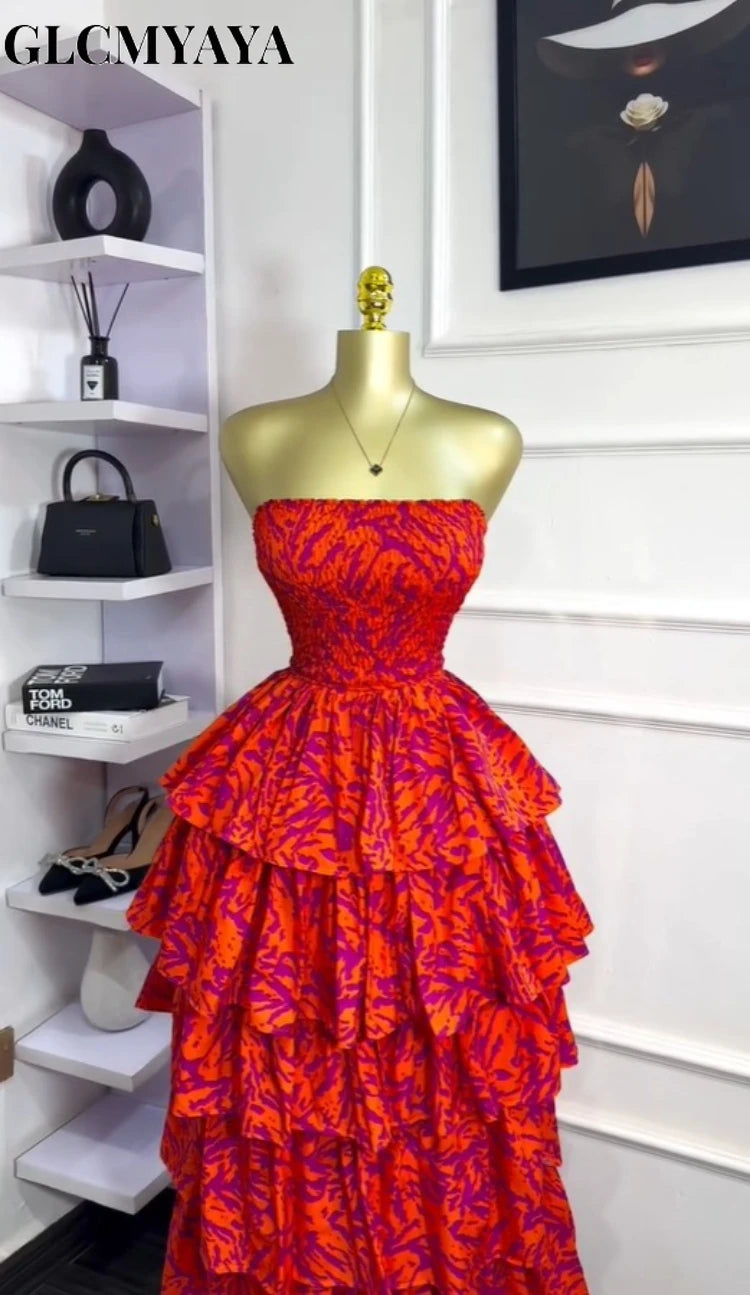 GLCMYAYA Women Floral Printed Cascading Ruffles Ball Gown Midi Maxi Long Dress Birthday Vacation Holiday Party Dresses Vestidos