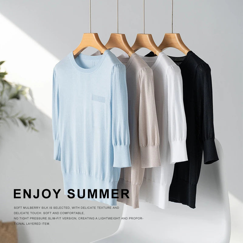 Women 5% Mulberry Silk Knit T-shirt Spring Summer Thin Half Sleeve Knitwear Pullover Tops