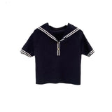 Oversize Sailor Collar Short Sleeve Thin Knitted T-shirt Women Slim Patchwork Big Sizebasic Shirt Summer Female Chic Blue Top