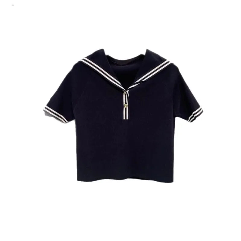 Oversize Sailor Collar Short Sleeve Thin Knitted T-shirt Women Slim Patchwork Big Sizebasic Shirt Summer Female Chic Blue Top