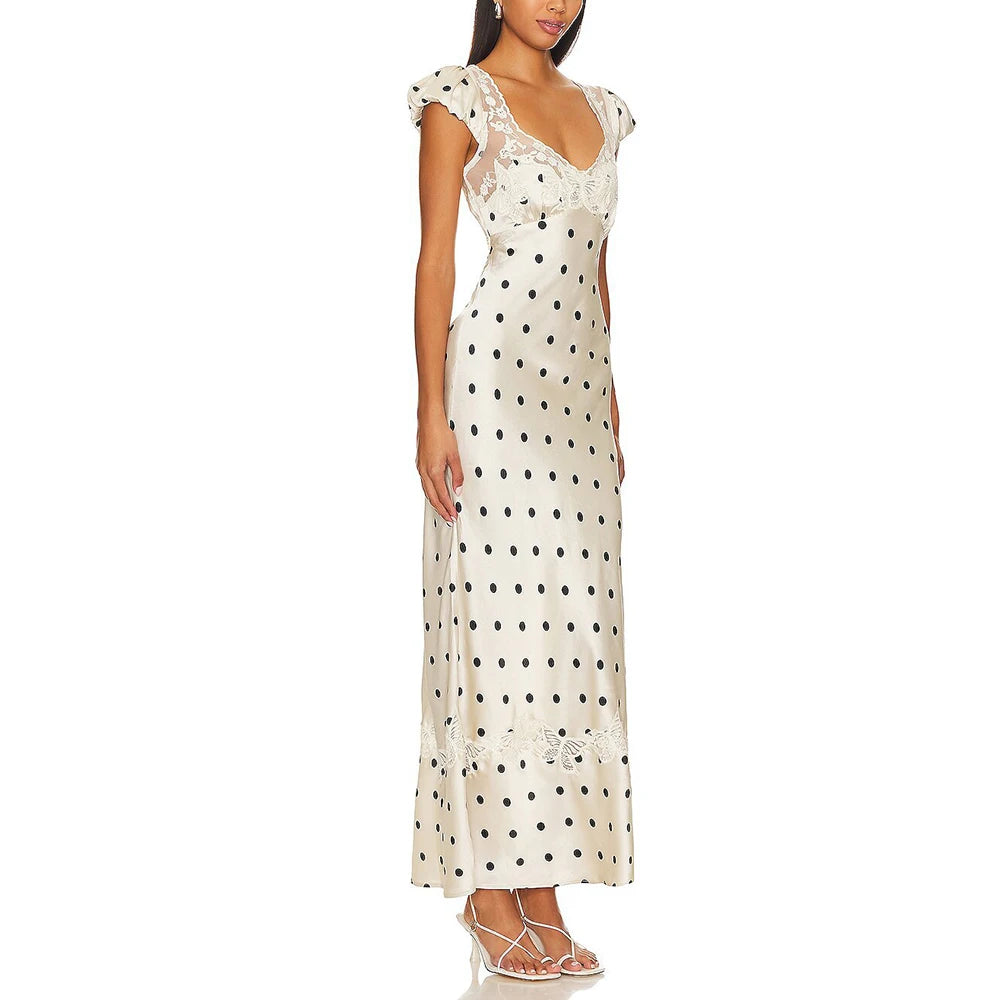 Fashionable Elegant Vintage Lace Patchwork Polka Dot Backless Maxi Dress For Women Luxurious Prom Dinner Party Wedding Guests