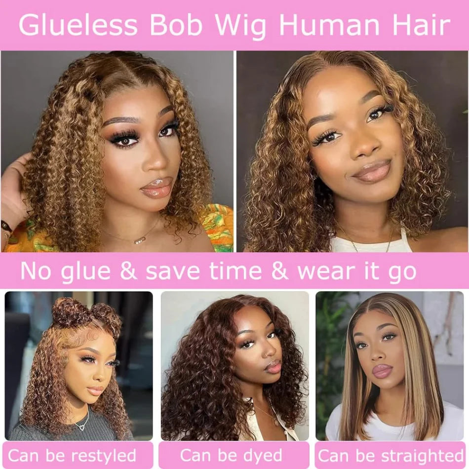 Highlight Ombre Bob Wig Human Hair Curly Short 5X5 Hd Lace Closure Wig