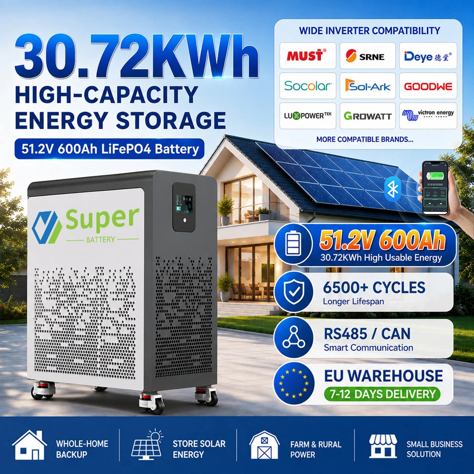 LiFePO4 48V 600Ah 30Kwh Battery Pack 6500+ Cycles Bluetooth BMS Solar AKKU 51.2V 300Ah 15Kwh 100Ah 5Kwh Lithium Battery EU STOCK