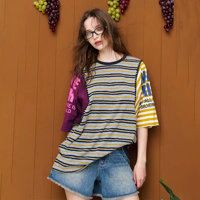 ELFSACK Striped Asymmetric Color-Block T-Shirt, Letter Print Ruffled Knit Tee, Casual Loose Top for Women