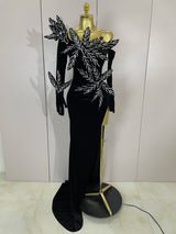 Shiny Diamond Velvet Sexy Side Slit Floor Length Dress With Gloves Women Chic Birthday Banquet Show Host Nightclub Stage Wear
