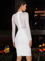 BEAUKEY New Fashion Luxury Diamond Crystal White Bandage Evening Dress Mesh Sexy See Through Elastic Slim Party Dress Vestidos