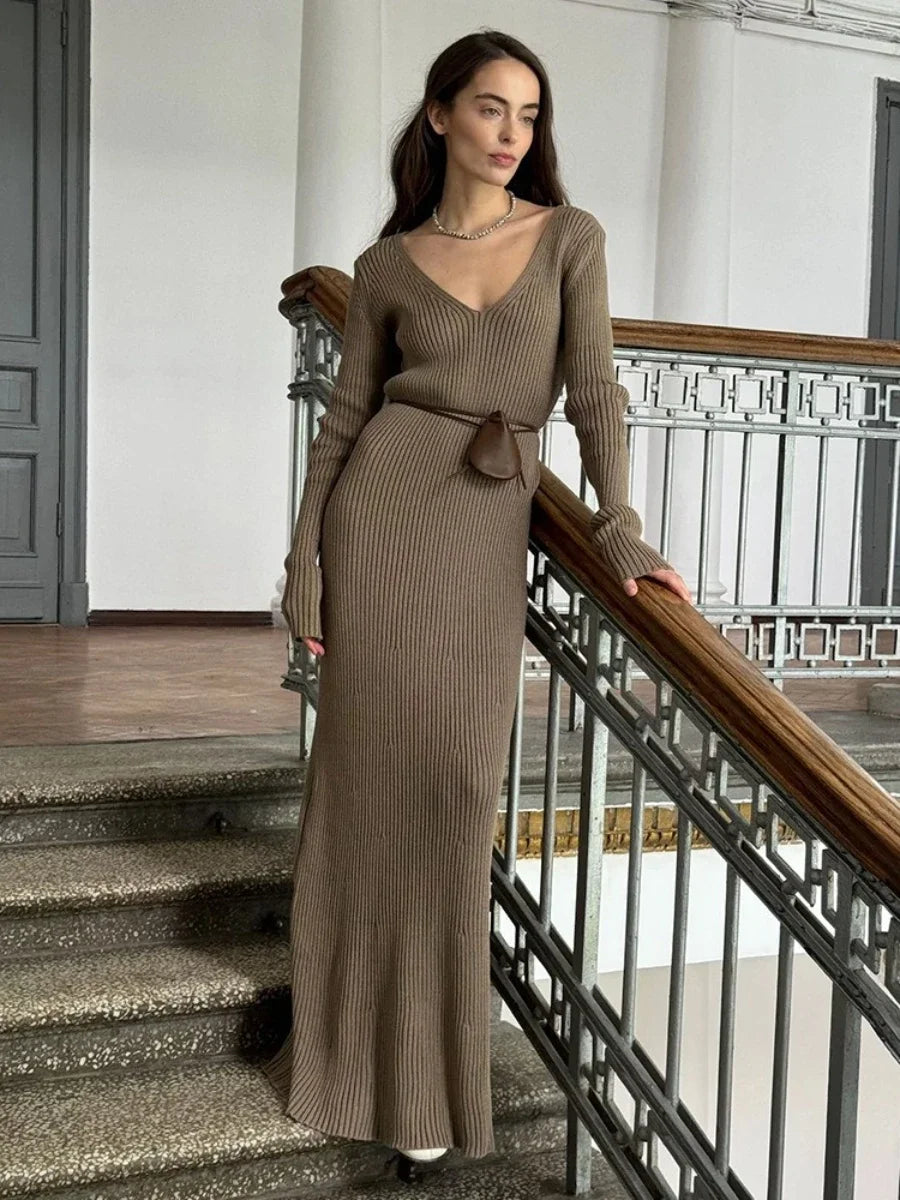 Blubelle Women's New Solid Color Long Sleeve V-neck Slim Bodycon Knitted Maxi Dress Trendy Elegant Fashion Dresses