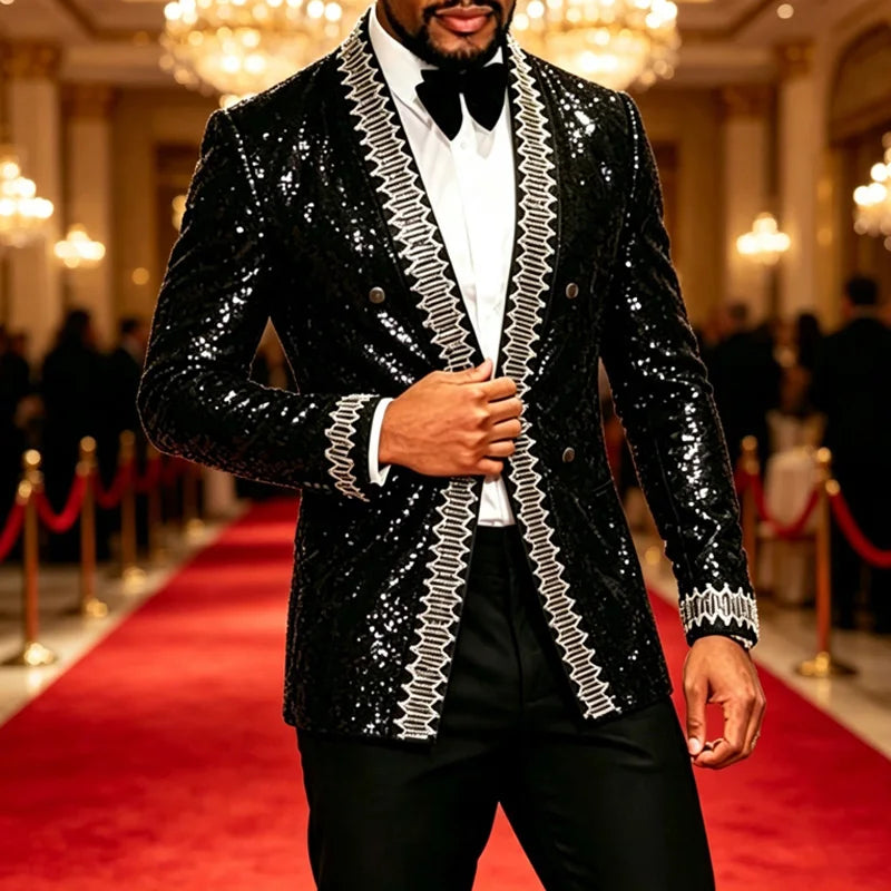 Men Black Sequin Blazer With White Embroidery Trim Slim Fit Peak Lapel Jacket Formal Wedding Groom Tuxedo For Party Prom