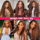Deep Wave Curly Human Hair Wig Honey Blonde Highlight Wig Human Hair 5x5