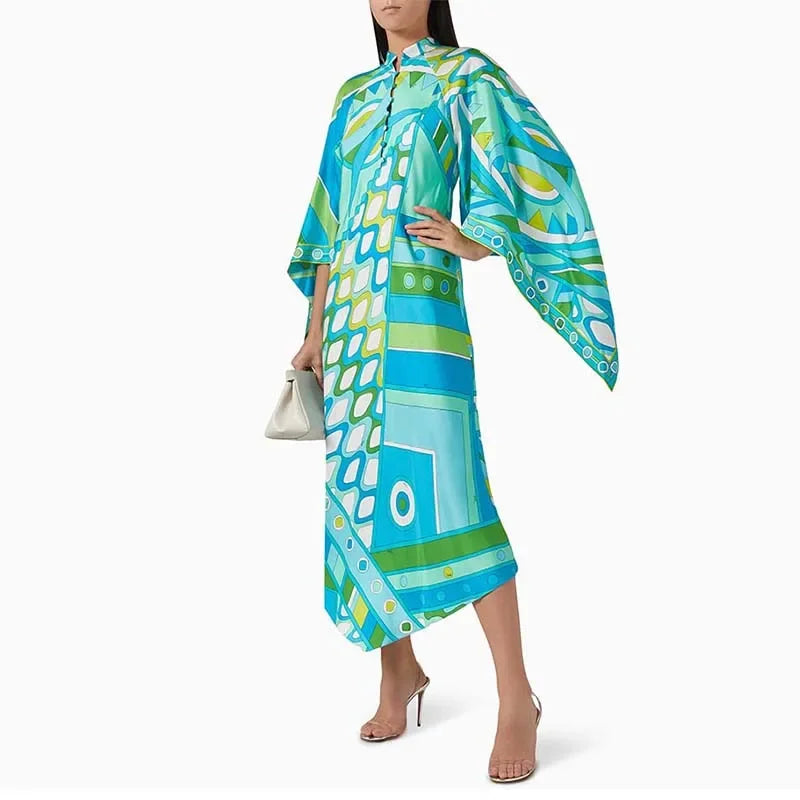 Leisure Loose Flare Long Sleeve Party Dress Elegant Button Stand Collar Commute Dress Autumn Vacation Irregular Women's Dresses