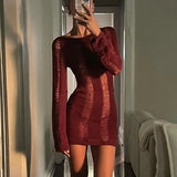 TARUXY Sexy Sheer Knitted Dress Women Bodycon Long Sleeve Hollow Out Mini Dresses Femme Club Sexy Backless Knitwear Dress Womens