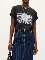 Distress Women Short Sleeved T-Shirt Letter Printed Round Neck Loose Tee for Female Spring Summer 2026