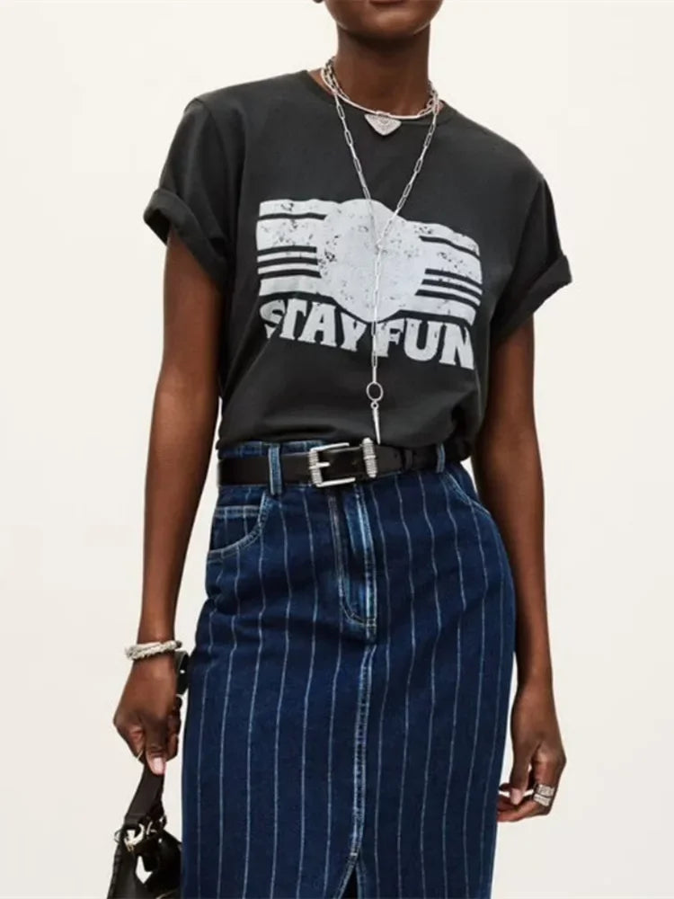 Distress Women Short Sleeved T-Shirt Letter Printed Round Neck Loose Tee for Female Spring Summer 2026