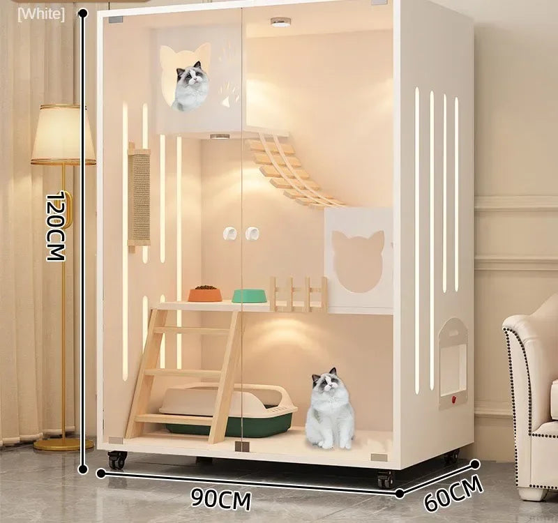 Premium Cream Style Pet Shop Cat Cage Density Board Cat House Double Layer Large Space Glass Door Light