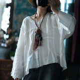 Johnature Women Vintage White Patchwork T-Shirts V-Neck Long Sleeve Tees 2025 Spring New Loose Original Women T-Shirts