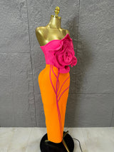 Elegant Orange Pink Strapless Bodycon Midi Dress Women Sexy 3D Floral Applique Outfit Date Night Party Costume