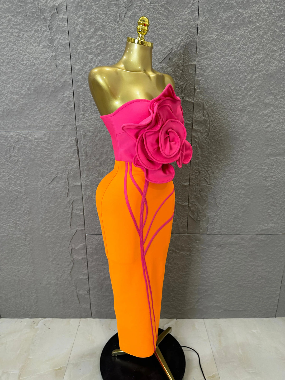 Elegant Orange Pink Strapless Bodycon Midi Dress Women Sexy 3D Floral Applique Outfit Date Night Party Costume
