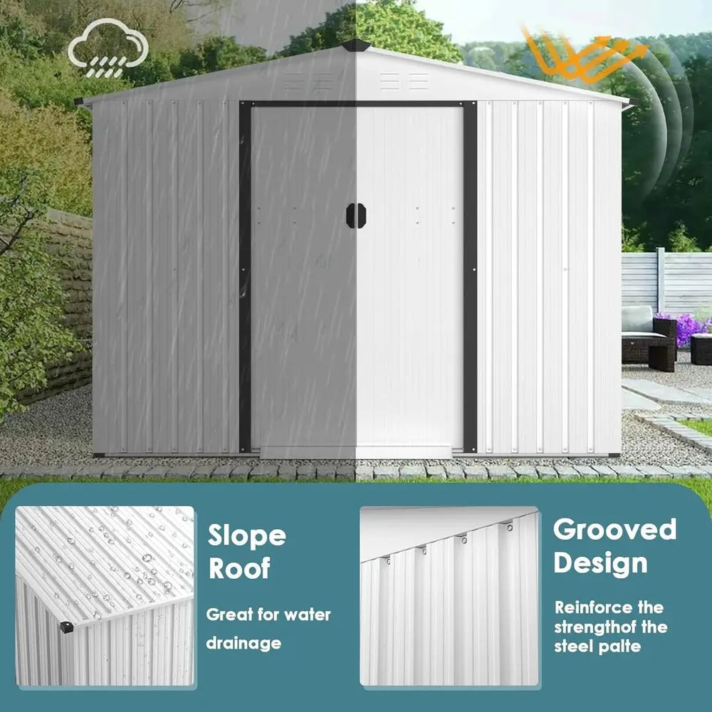 6x8 Outdoor Steel Garden Shed with Sliding Door - White