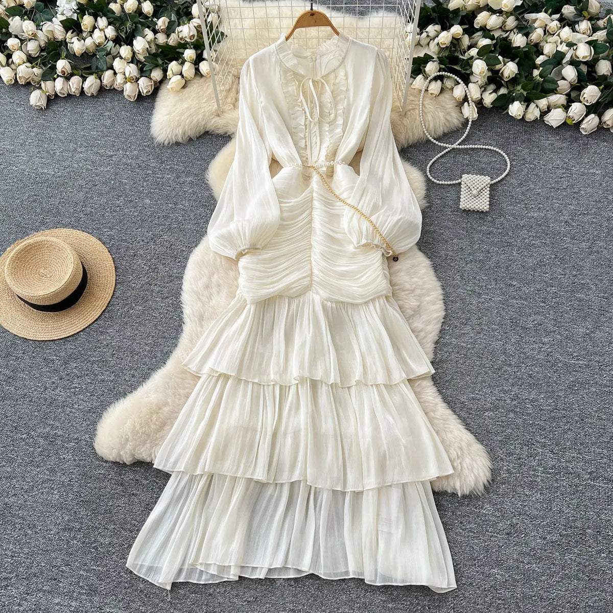 Spliced Lace Dresses Lantern Sleeve Ankle Length Dress Women Solid Party Dress Sexy Wrap Buttocks 2025 Autumn High Waist