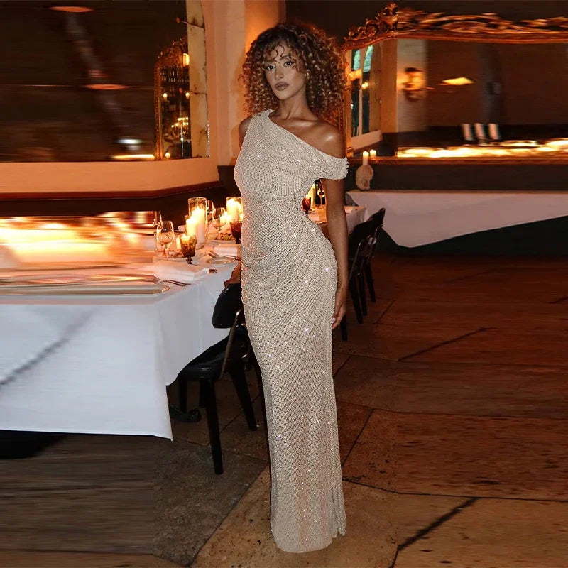 Women Stunning Nude Sparkle Prom Dress Off-shoulder Ruched Detail Shiny Crystal Long Formal Gown Special Occasion Party Dresses